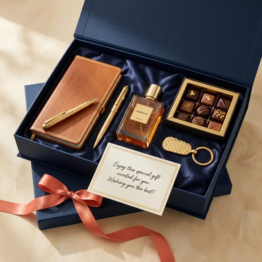 Premium hediye kutusu örneği — parfüm, defter, çikolata içeren şık set